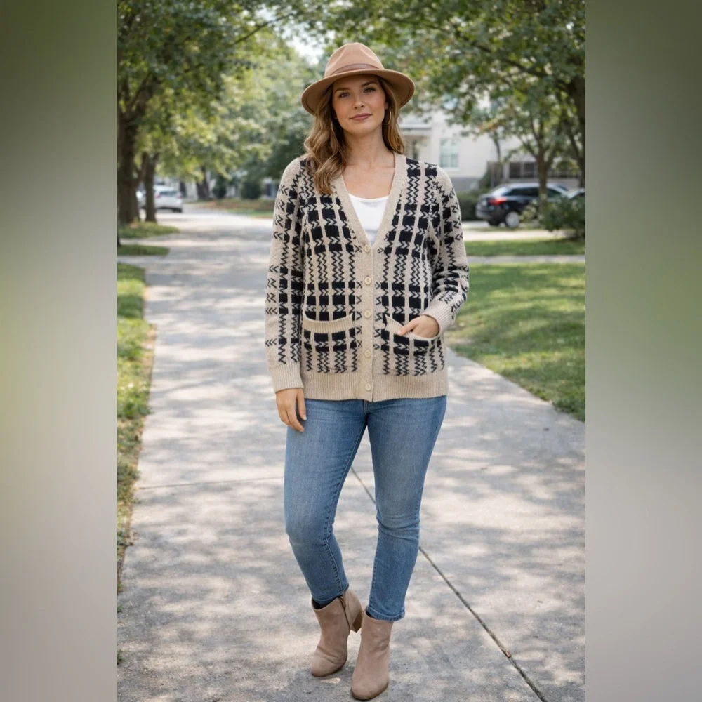 RSQ Fair Isle Cardigan Sweater Small 🤍🖤 Cozy Fall Button Front - Picture 3 of 3